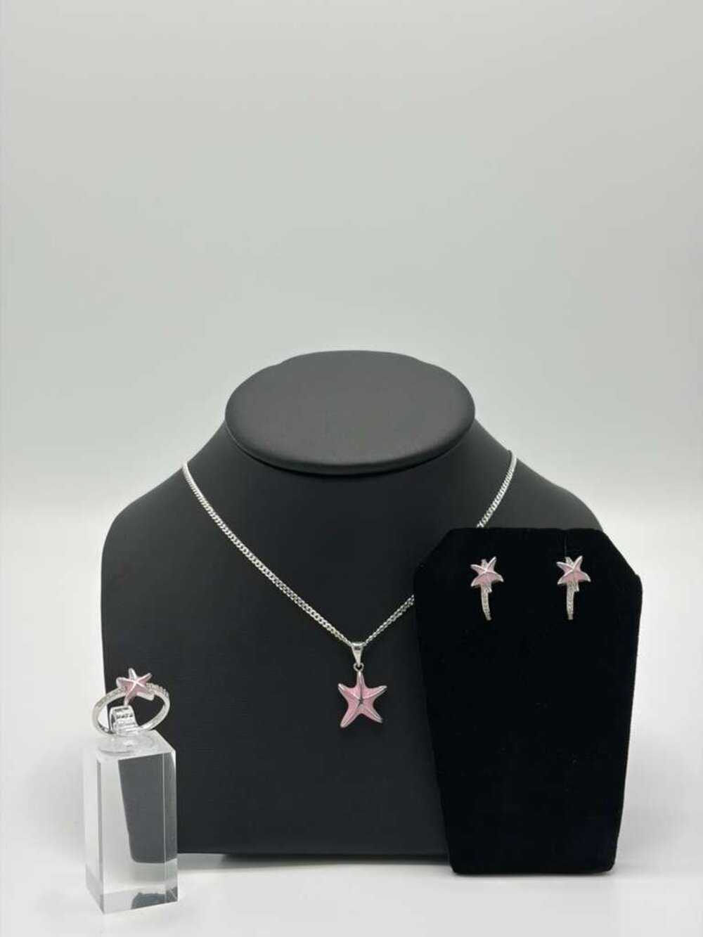 925 Sterling Silver Pink Star Necklace 18" with Earrings and Ring Set
